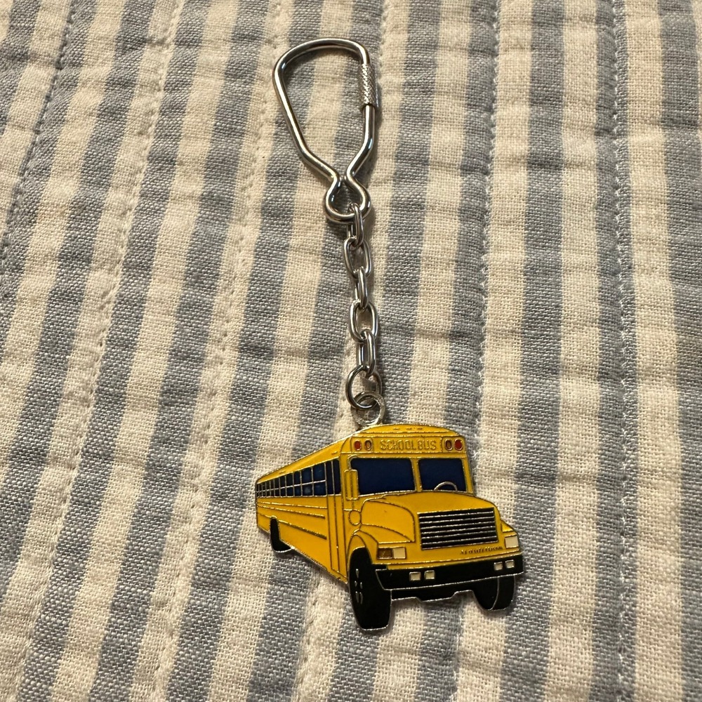 Vintage Yellow School Bus Enamel Keychain Silver Tone Metal Bus Driver Gift